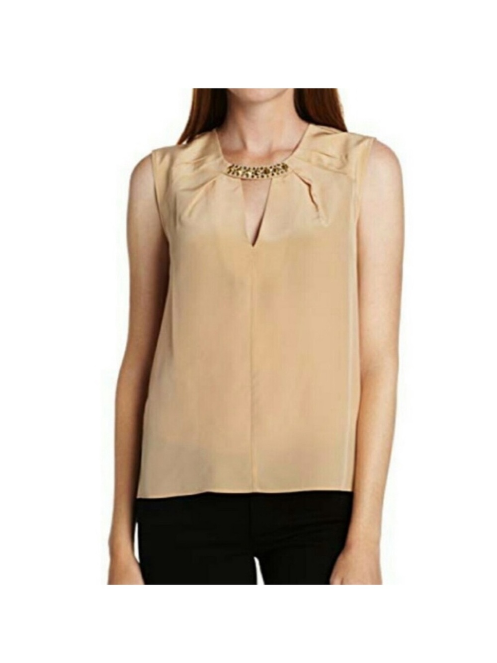 BCBGMaxAzria Light Ginger Tan Lauren Tank Beaded Jewel Silk Blouse Size L NWT!